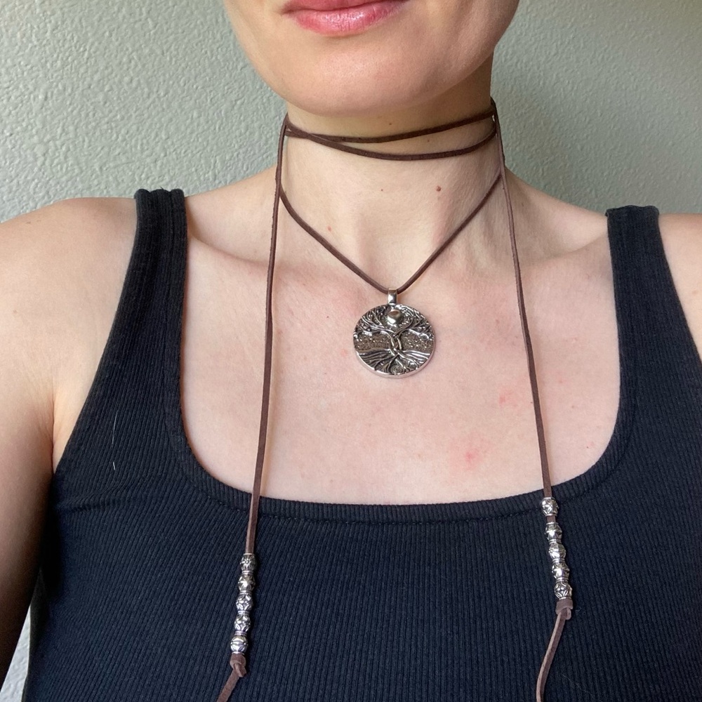 Brown Suede Cord Necklace with Silver Tree of Life Pendant - Picture 5 of 7